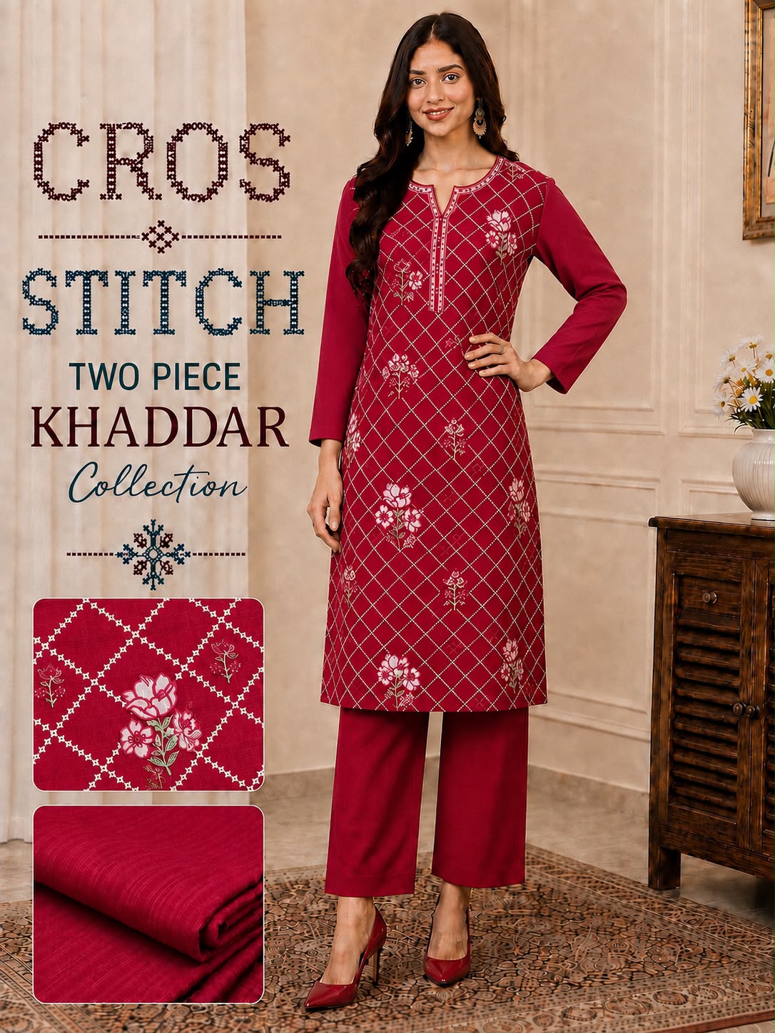Cros stitch 2pc khaddar embroidery