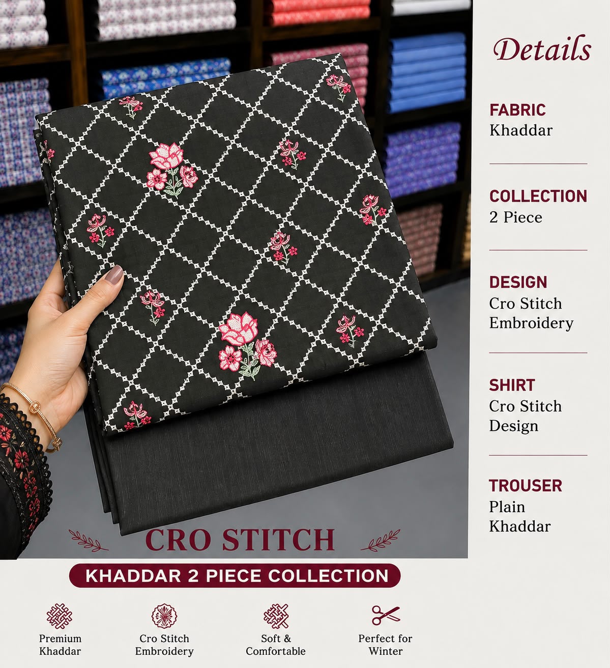 Cros stitch 2pc khaddar embroidery