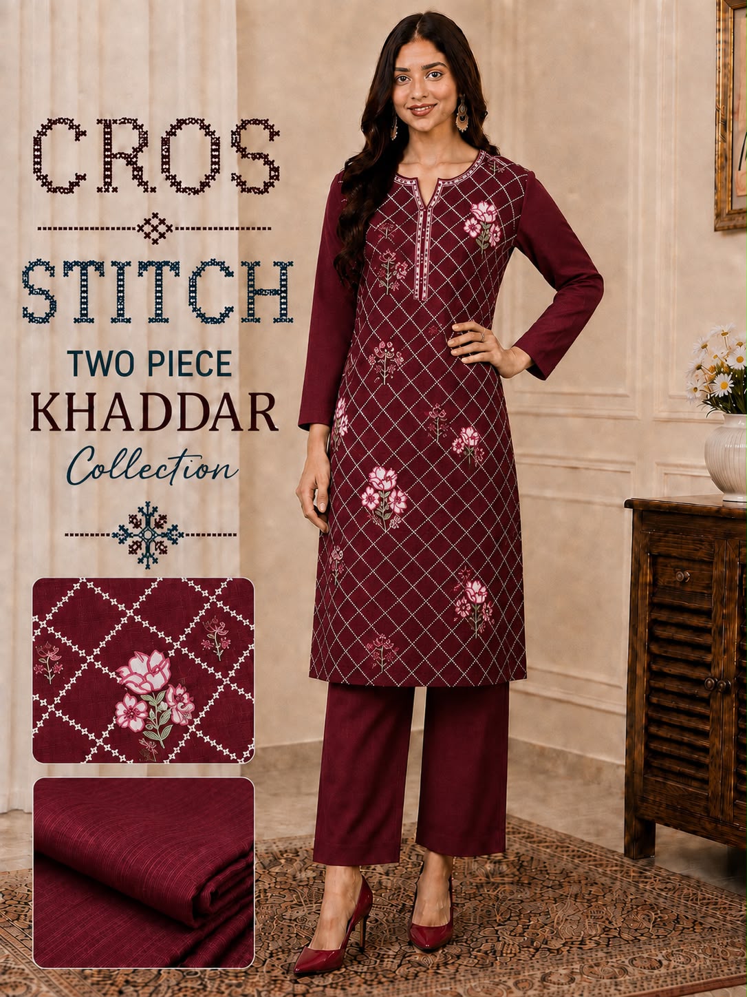 Cros stitch 2pc khaddar embroidery