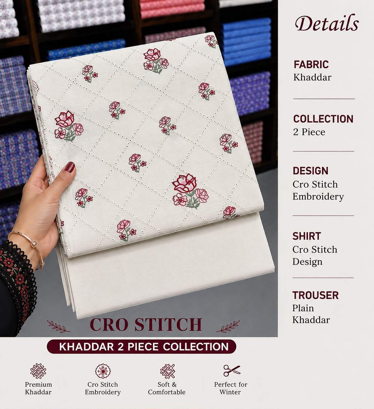 Cros stitch 2pc khaddar embroidery