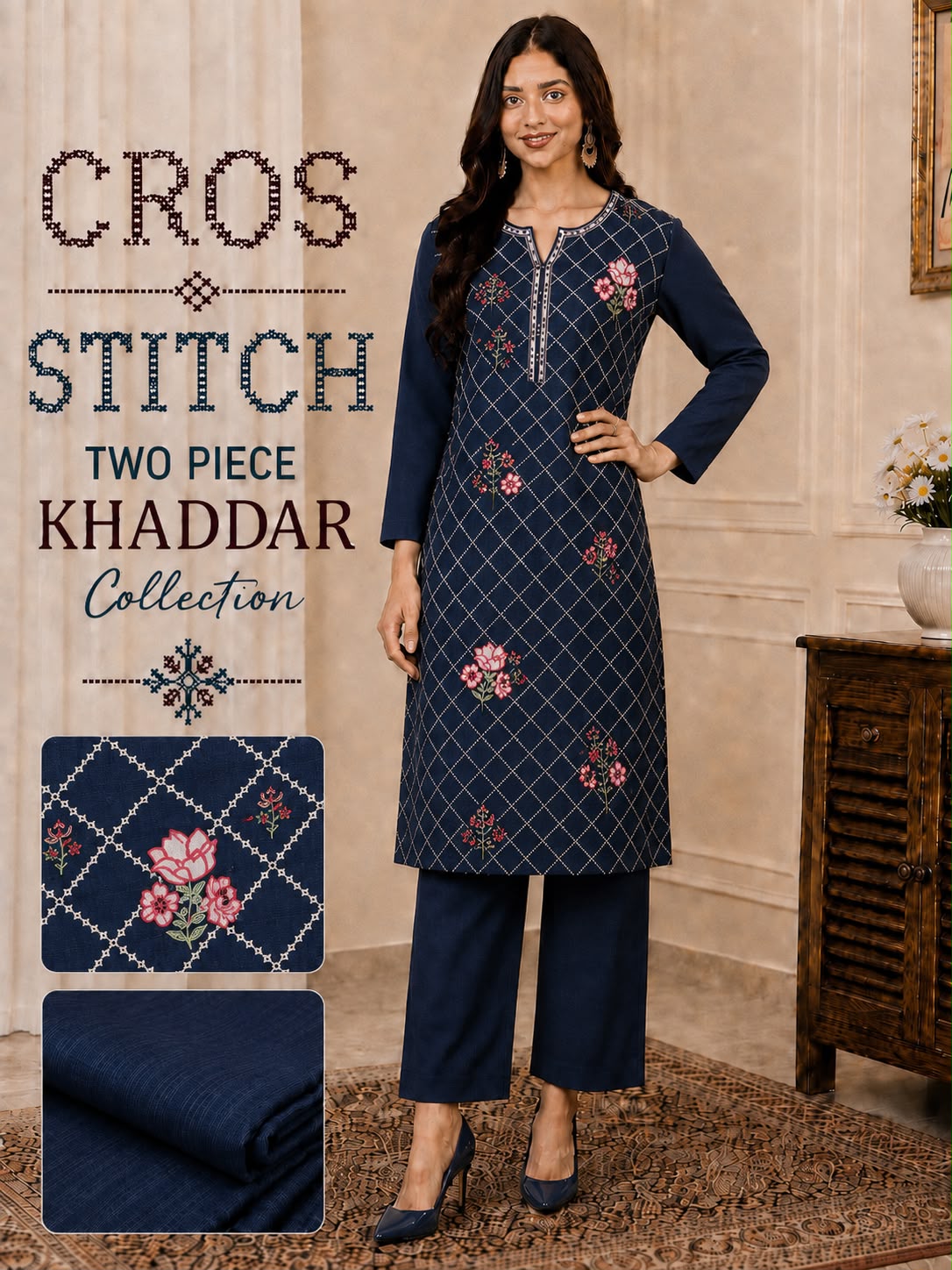 Cros stitch 2pc khaddar embroidery