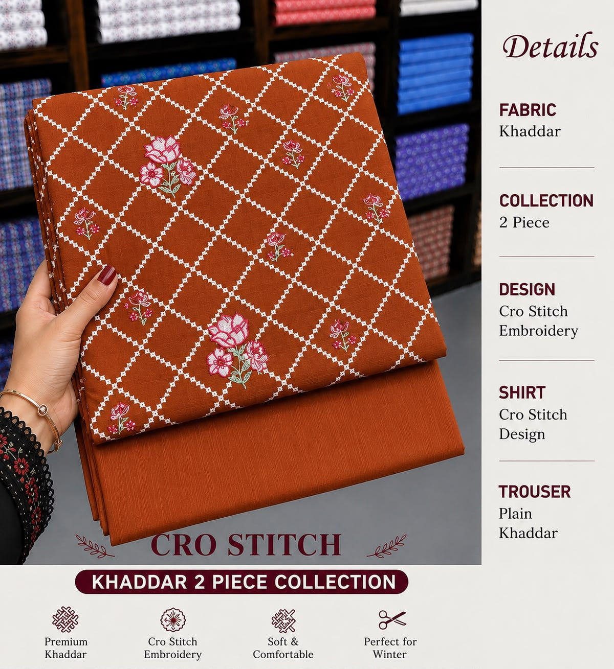 Cros stitch 2pc khaddar embroidery