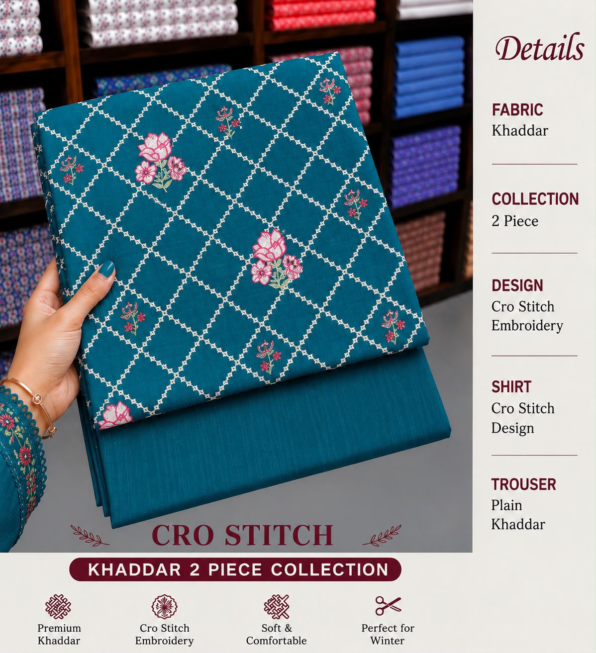 Cros stitch 2pc khaddar embroidery
