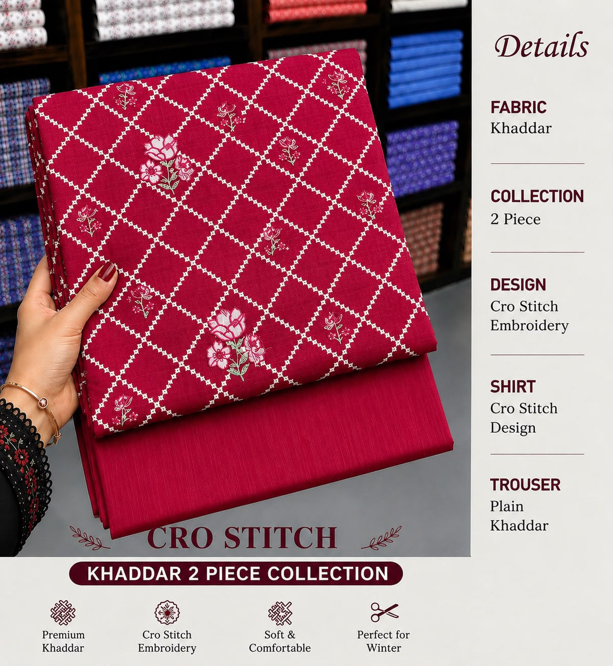Cros stitch 2pc khaddar embroidery