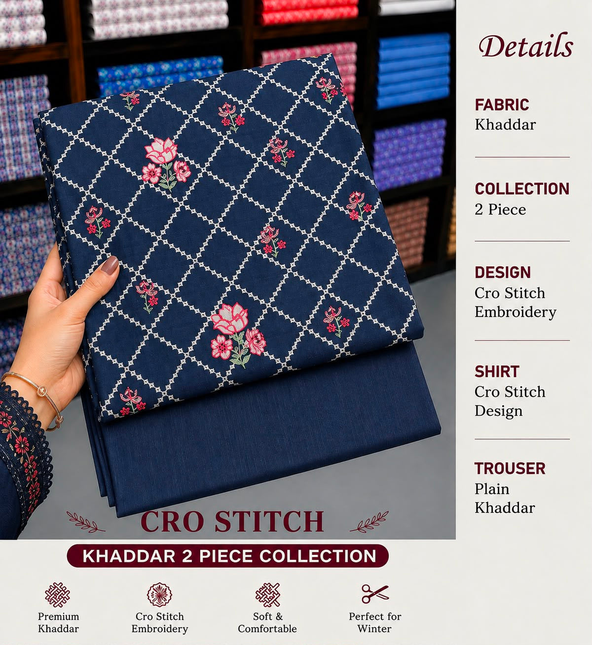 Cros stitch 2pc khaddar embroidery