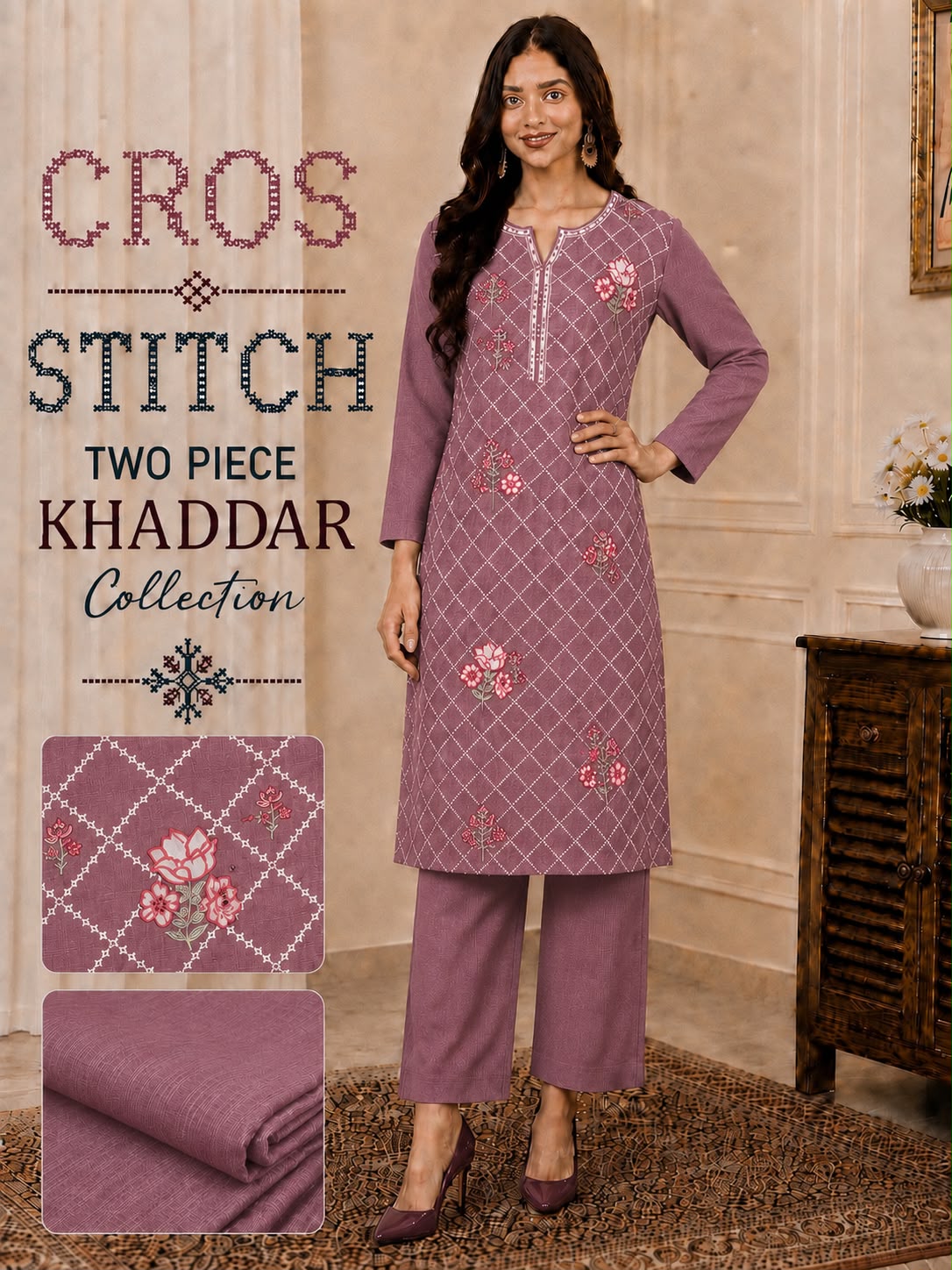Cros stitch 2pc khaddar embroidery