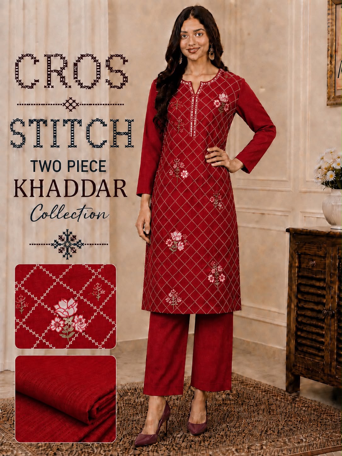 Cros stitch 2pc khaddar embroidery
