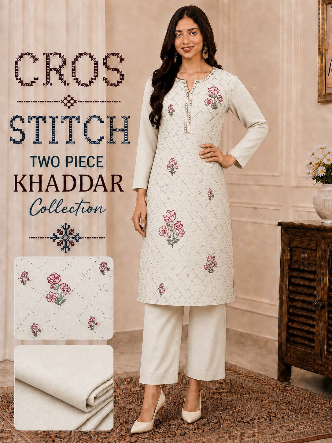 Cros stitch 2pc khaddar embroidery