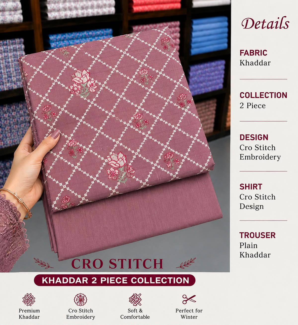 Cros stitch 2pc khaddar embroidery