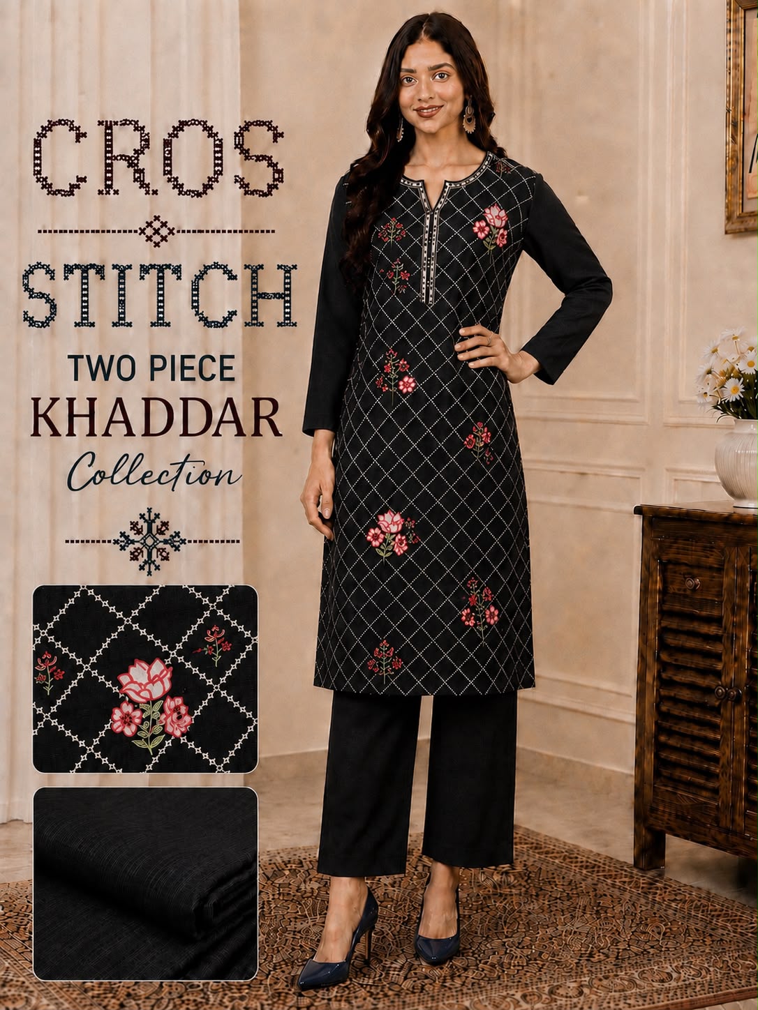 Cros stitch 2pc khaddar embroidery