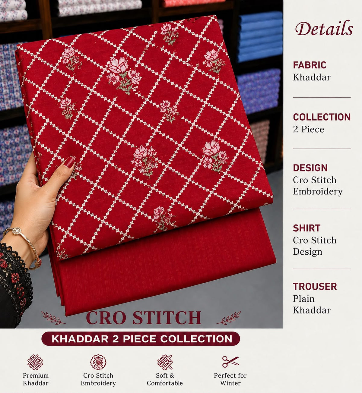 Cros stitch 2pc khaddar embroidery