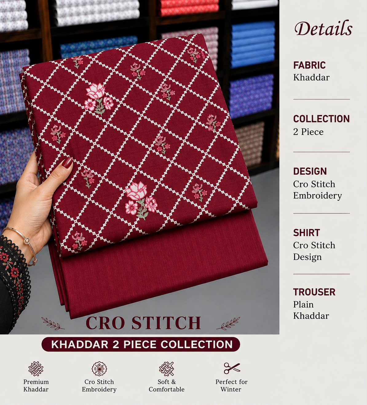 Cros stitch 2pc khaddar embroidery