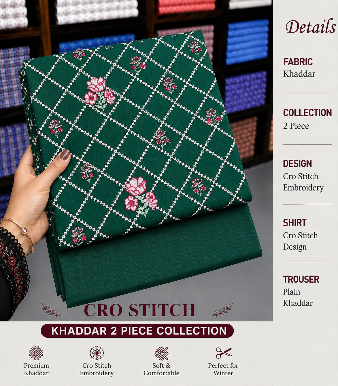 Cros stitch 2pc khaddar embroidery